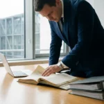 Ambtenaar bestudeert dik aanbestedingsdocument aan eikenhouten bureau met laptop en ordners, glazen overheidsgebouw op achtergrond.