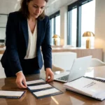 Overheidsinkoopmedewerker rangschikt scoringskaarten op vergadertafel met IT-aanbestedingsdocumenten en laptop in modern kantoor.