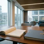 Twee overheidstendermappen op een vergadertafel, één geopend met contractpagina's, één gesloten met veiligheidsclip, modern kantoor op de achtergrond.