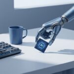 Robothand plaatst AI-chip op bureau naast toetsenbord en koffiemok in minimalistische blauwe werkruimte