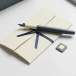 Vulpen liggend op gevouwen contract met een geometrische AI-chip ernaast, op een wit bureau in leisteen- en ivoortinten.