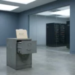 Stoffige, op een kier staande archiefkast in modern kantoor met IBM-servers op achtergrond en onaangeroerde auditmap bovenop.