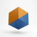 Geometrische kubus diagonaal gesplitst in Amazon oranje en AWS blauw, zwevend op witte achtergrond met subtiele schaduw