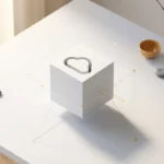 Witte geometrische kubus zweeft boven minimalistisch bureau met zachte schaduwen en subtiele netwerklijnen