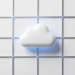 Witte wolkvorm zweeft boven geometrisch raster van zilveren lijnen, AWS netwerkinfrastructuur concept met blauwe accentverlichting