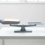 Precisieweegschaal op wit bureau met stapel bedrijfsdocumenten aan één kant, perfect in evenwicht, in grijze en marineblauw tinten.