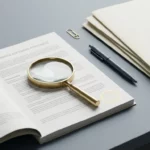 Vergrootglas op een open softwarecontract, omringd door een pen en mappen op een minimalistische bureauondergrond.