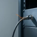 Versleten kabelconnector half ingeplugd in serverpaneel met loshangende koperen draad, in amber en staalblauwe tinten.