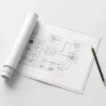 Architectuurblauwdruk met geometrische diagrammen van gekoppelde bedrijfssystemen op een wit bureau, met een potlood aan de rand.