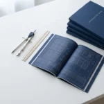 Architect passer en liniaal op wit bureau naast IBM serverdocumentatie met rasterdiagrammen, vlakke bovenaanzicht compositie.