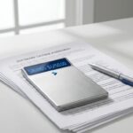 Rekenmachine met besparingscijfers op stapel softwarelicentiedocumenten met pen op wit bureau