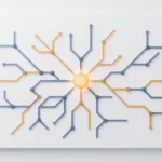 Geometrisch netwerkdiagram met verbonden knooppunten in leisteenblauw en amber op wit oppervlak, centraal gloeiend hub-knooppunt.