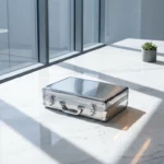 Chrome koffer op witte marmeren vergadertafel met geometrische schaduwen en succulent in minimalistische boardroom