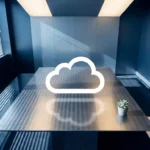 Witte wolksymbool zweeft boven gepolijste stalen vergadertafel in moderne boardroom met geometrische schaduwpatronen van jaloezieën