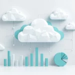 Minimalistisch cloud infrastructuur diagram met blauwe wolkvormen, zilveren datalijnen en kostenoptimalisatie grafieken