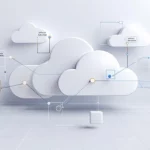 3D cloud vormen verbonden door blauwe lijnen die hybride IT-infrastructuur en data-overdracht symboliseren op witte achtergrond