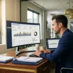 Financieel analist bekijkt cloud spending dashboard op groot scherm, met georganiseerde facturen en laptop op modern bureau.