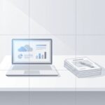 Laptop met cloud kostenanalyse op wit bureau naast aanbestedingsdocumenten en pen in minimalistisch kantoor