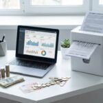 Laptop toont cloudkosten-analyse op opgeruimd bureau met geld en papierversnipperaar, natuurlijk licht door raam