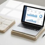 Moderne laptop toont cloudkostanalytics op bureau met softwarelicenties, facturen, rekenmachine en pen