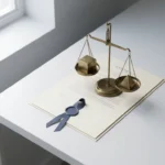 Formeel contractdocument met messing weegschaal die twee blokken balanceert op wit bureau, symboliseert prijsonderhandeling.