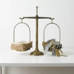 Verouderde weegschaal op wit bureau met langlopende contracten tegenover stijgende prijskaartjes, minimalistische compositie in leisteen en goud.