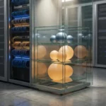 Server rack in modern datacenter met gestapelde glazen planken en gloeiende orbs in blauw en amber, symboliserend licentieniveaus.