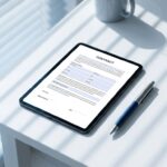 Tablet met contractdocument op wit bureau naast pen, met geometrische schaduwen van zonwering in modern kantoor