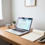 Houten bureau met laptop met digitaal contract en papieren contract met vulpen, digitale versus traditionele inkoop