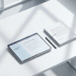 Digitale tablet met inkoopdocumenten en nauwkeurig georganiseerde nalevingscertificaten op wit bureau in modern kantoor