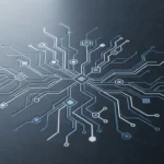 Geometrisch datanetwerk met verbonden knooppunten op donker leisteen, symboliseert enterprise-datastromen in staalblauwe en witte tinten.