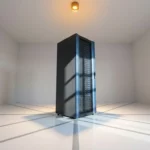 Enterprise serverrack in minimalistische witte ruimte met geometrische vloerlijnen en warm amberkleurig bovenlicht.