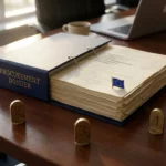 Openliggend Europees aanbestedingsdossier op vergadertafel met genummerde mijlpaalmarkeringen en EU-vlagspeld.