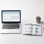 Witte bureau met open Excel spreadsheet met kleurrijke grafieken naast moderne laptop met SAP interface, minimale compositie