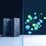 Split-screen vergelijking van traditioneel IT-beheer met grijze servertorens versus moderne FinOps met blauwe netwerknodes
