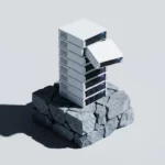 Gebarsten stenen fundering onder een hoge stapel witte serverblokken, één blok scheef en dreigend te vallen, minimalistische compositie.