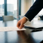 Hand plaatst ondertekend contract op vergadertafel in modern Nederlands kantoor, met laptop en pen op de achtergrond.