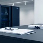 IBM-serverrack in professionele IT-consultancy omgeving, met licentiecontracten en mechanisch potlood op bureau.