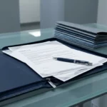 Open softwarelicentieovereenkomst op glazen bureau met blauw branded pen, zakelijke uitstraling in marineblauw en grijs.