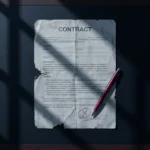 Gebarsten IBM-softwarelicentiecontract op donker bureau met rode pen die kritieke fouten markeert, overhead flatlay, minimalistische compositie.
