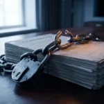 IJzeren ketting met hangslot om stapel IT-contracten op vergadertafel, één schakel gebarsten, symboliseert onderhandelingsruimte.