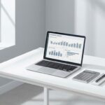 Laptop met procurement analytics grafieken op minimalistisch wit bureau met rekenmachine en pen in natuurlijk licht