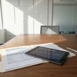 Houten vergadertafel met open map met inkoopdocumenten, tablet met supply chain analytics en pen in modern kantoor