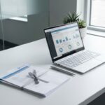 Moderne laptop met procurement software op wit bureau naast softwarelicentie documenten en pen in kantooromgeving