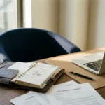 Versleten leren bureauagenda opengeslagen op een gemarkeerde pagina, omringd door laptop, mechanisch potlood en inkoopcontracten in zacht ochtendlicht.