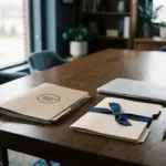 Twee documentmappen op een eikenhouten vergadertafel, één inkooporder en één contract, met laptop en pen erbij.