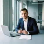 Inkoopspecialist in net pak bestudeert contractdocument aan modern bureau met laptop, glazen kantoorwanden op de achtergrond.