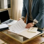 Interim IT-inkoopspecialist bestudeert contractdocument aan modern bureau met laptop, leveranciersovereenkomsten en notities over uurtariefberekening.