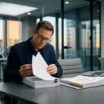 Interim specialist bestudeert uitgebreid aanbestedingsdocument aan moderne vergadertafel met leveranciersmap en laptop.