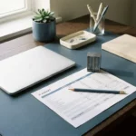 Zakelijk bureau met laptop, uitgeprint IT-budgetoverzicht, potlood op kostenregels en miniatuur servermodel als presse-papier.